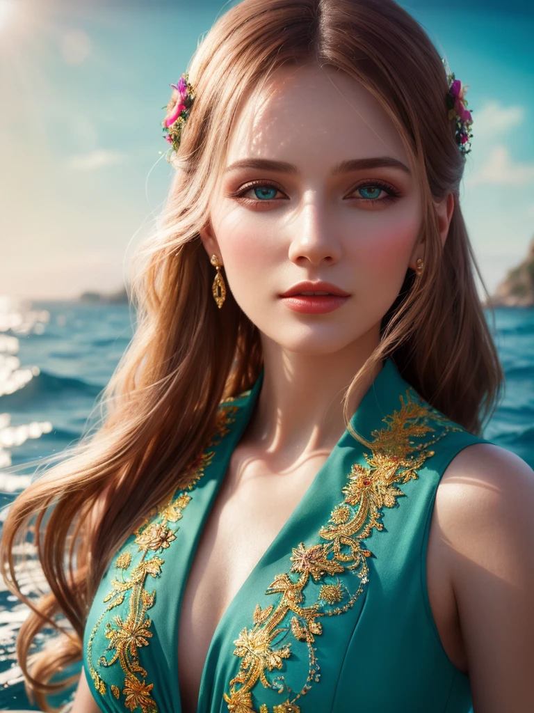 a very beautiful russian woman , detailed face and features, beautiful sea, sunlight, calm water, photorealistic, award winning digital art, intricate details, masterpiece, vibrant colors, realistic lighting, 8k, cinematic, dramatic, sophisticated, elegant