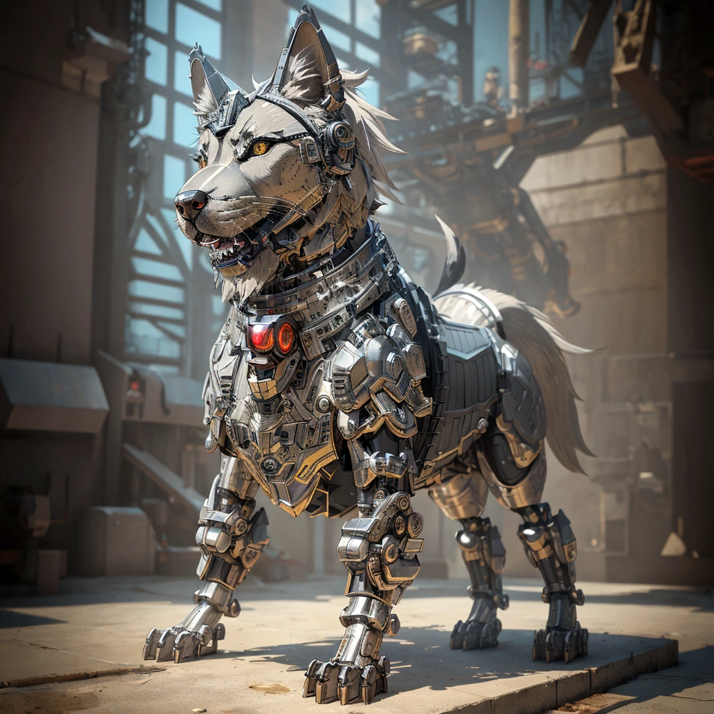 The building has a metal dog statue on its base., Armored Catの仲間, husky in shiny armor, Armored Cat, Steampunk dog, Cyborg dog, rendered in redshift, Steampunk ferret - a shaped mecha, Robot Lion, Industrial Mechanical Robot Dog, Highly detailed rendering, A good giant mechanical wolfdog, Detailed and complex rendering, Expressed in 3D rendering、Are thin、old、