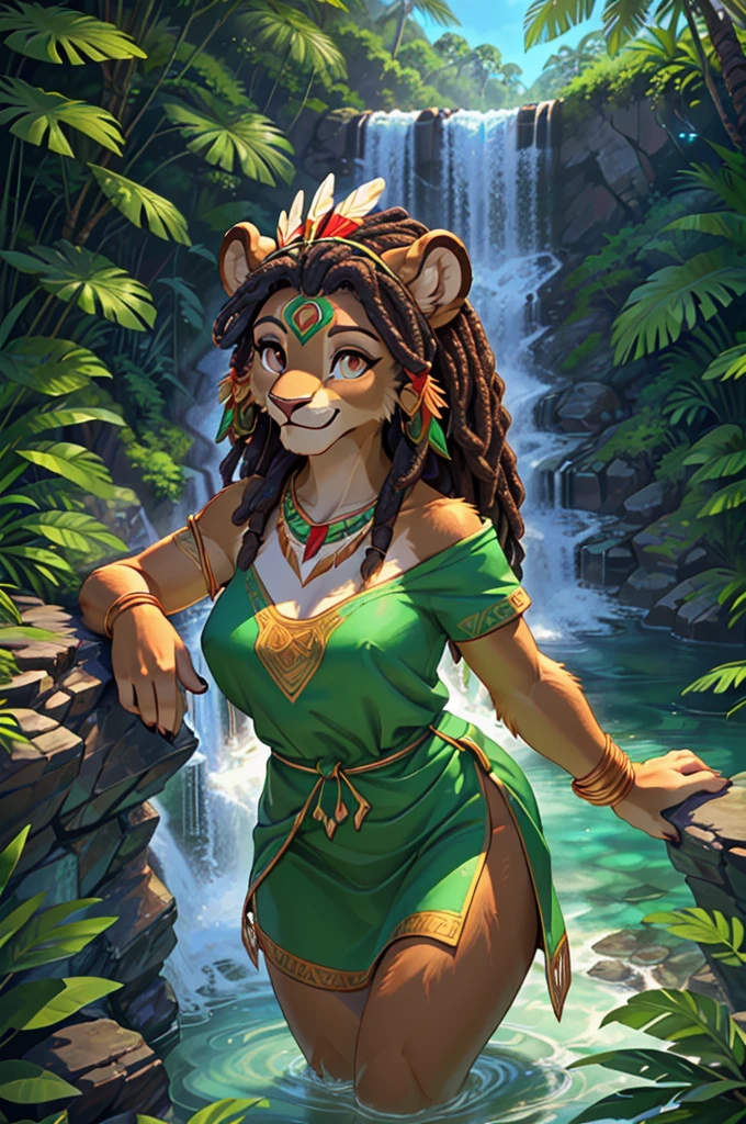 masterpiece, top quality, best quality, highly detailed, 8k, super high resolution, absurdres, perfect anatomy, dynamic_angle, ((highly detailed beautiful face and eyes)), solo focus, (furry female anthro), (adult), (((furry brown lion body))), (detailed brown body fur), bright brown eyes, black dreadlocks hair, ((shoulder-length hairstyle)), (happy, joyful), (hourglass figure, medium breasts), (looking at viewer), high height, ((jade green tribal tunic inspired by polynesian culture)), feather headdress, bracelets, jewelry, ((tropical backdrop, waterfall, lake)), lush greenery and plantlife, sunny sky
