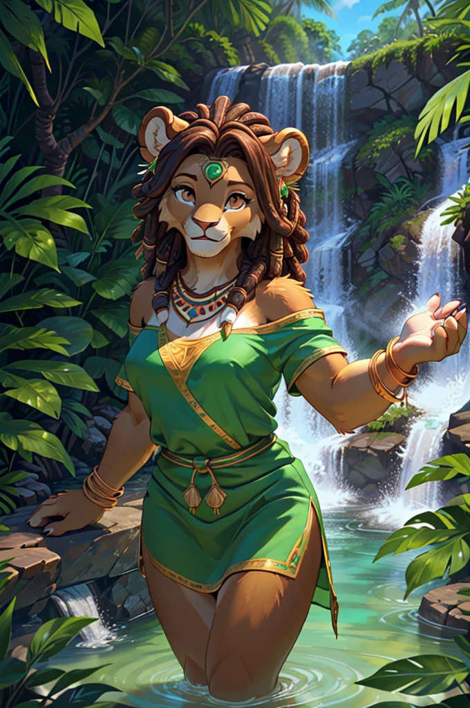 masterpiece, top quality, best quality, highly detailed, 8k, super high resolution, absurdres, perfect anatomy, dynamic_angle, ((highly detailed beautiful face and eyes)), solo focus, (furry female anthro), (adult), (((furry brown lion body))), (detailed brown body fur), bright brown eyes, black dreadlocks hair, ((shoulder-length hairstyle)), (happy, joyful), (hourglass figure, medium breasts), (looking at viewer), high height, ((jade green tribal tunic inspired by polynesian culture)), feather headdress, bracelets, jewelry, ((tropical backdrop, waterfall, lake)), lush greenery and plantlife, sunny sky