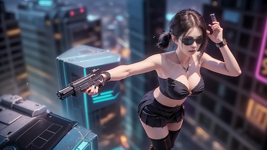 (aerial view). at night, futuristic sci-fi cyberpunk city, broad viaduct, skyscrapers at the end of the viaduct, the movie "13th Floor" style, hq. Matrix style, at night, (1girl, solo), photo realistic, (large-breast:1.2 slim body, cleavage:1.3), (((tube top, extreamly short pleated (((miniskirt))) exposing panty))), (((((matrix style black sunglasses))))), (((((aiming at camera with a (pistol)))))), (((half-body (thigh level) medium shot))), (cinematic lighting).
