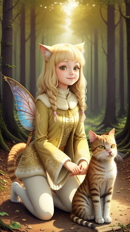 girl, Forest Background, Ivory Gold AI Psychedelic Magic, Cat, Fairy, Clean, bright, Smile
