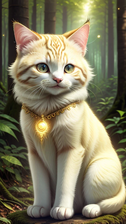girl, Forest Background, Ivory Gold AI Psychedelic Magic, Cat, Fairy, Clean, bright, Smile