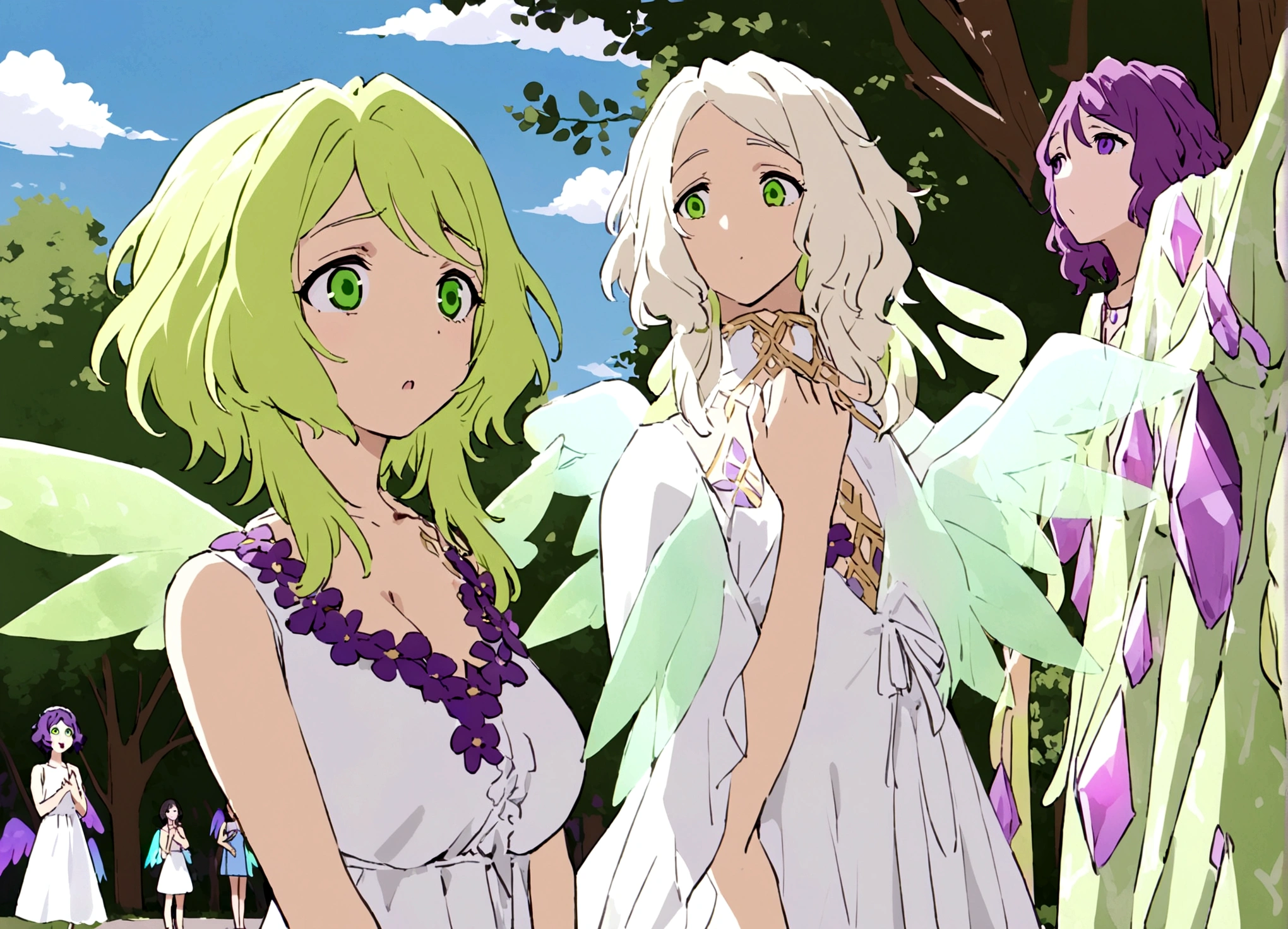 A eldritch angel (central body of a violet lion, 6 pairs of radiant crystal wings, numerous white tentacle eyestalks with neon green eyes) has appeared in a holy corona and is attempting to communicate with a scared woman (dressed in a summer dress), set in a park in daytime
