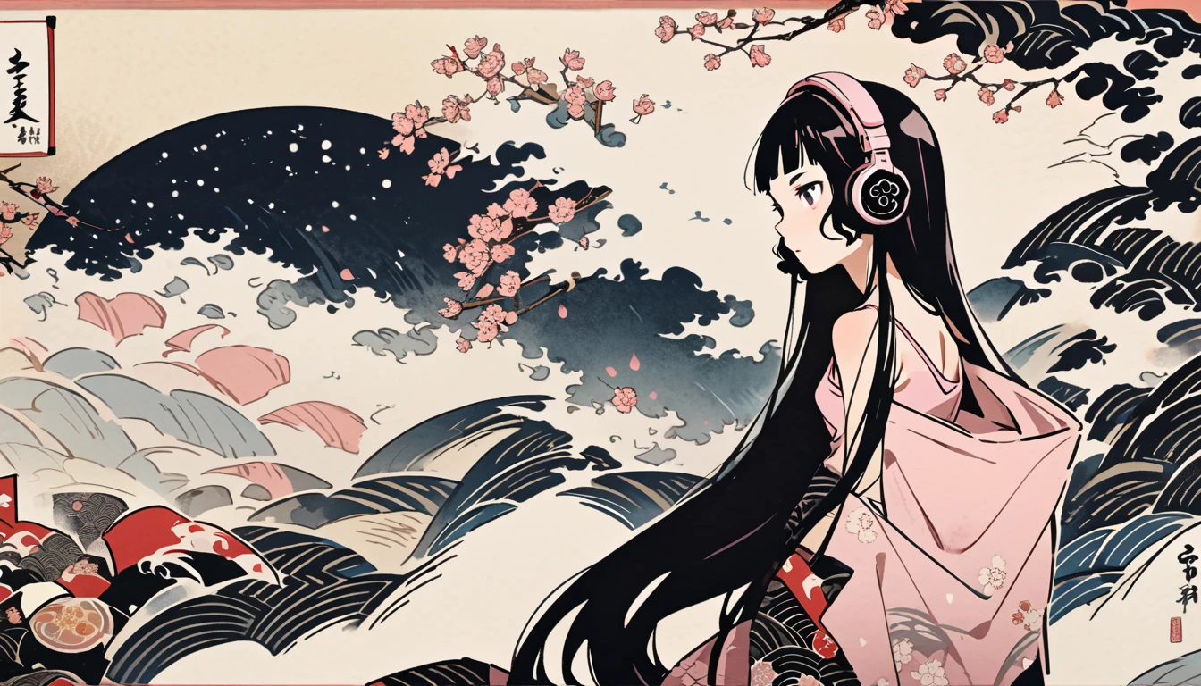 Highest quality, Katsushika Hokusai, Ink Painting, (((very long hair))), (((Pale pink tank top))), Japanese style headphones, (((Cherry blossom))), beautiful girl, Black Hair, Delicate and precise, Modern ukiyo-e style,