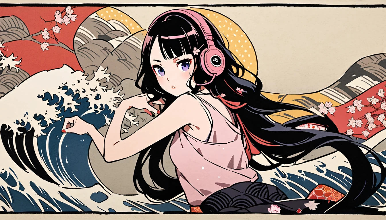 Highest quality, Katsushika Hokusai, Ink Painting, (((very long hair))), (((Pale pink tank top))), Japanese style headphones, (((Cherry blossom))), beautiful girl, Black Hair, Delicate and precise, Modern ukiyo-e style,