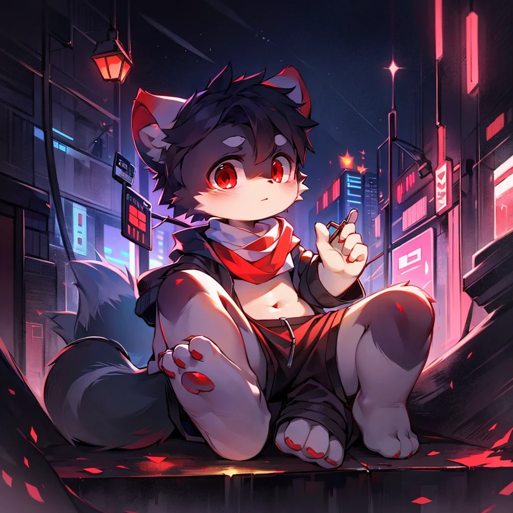 highest image quality,delicate painting style,delicate hook line,Masterpieces,thin skin,delicate hair,delicate hands,delicate eyes,normal eyes,Common raccoon ears,woolly,red eyes,elegant,((white scarf)),raccoon style,shota,cyberpunk, red pupils, Night view of the city., , dappled lights and shadows, Chico,shota,There are shining eyes of God,White skin,black jacket,Alone,Alone person