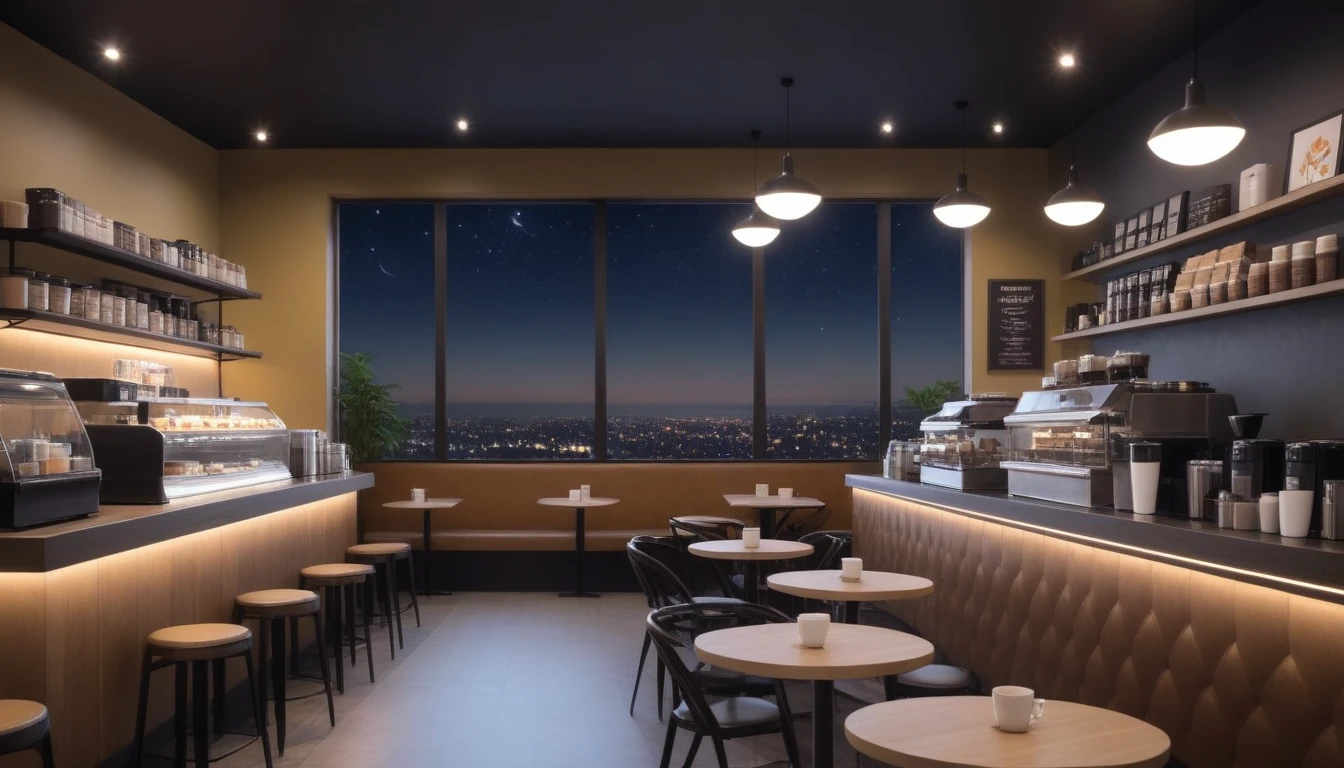 at night, frontal shot coffee shop interior, tables with coffee cups, and a big window in the center