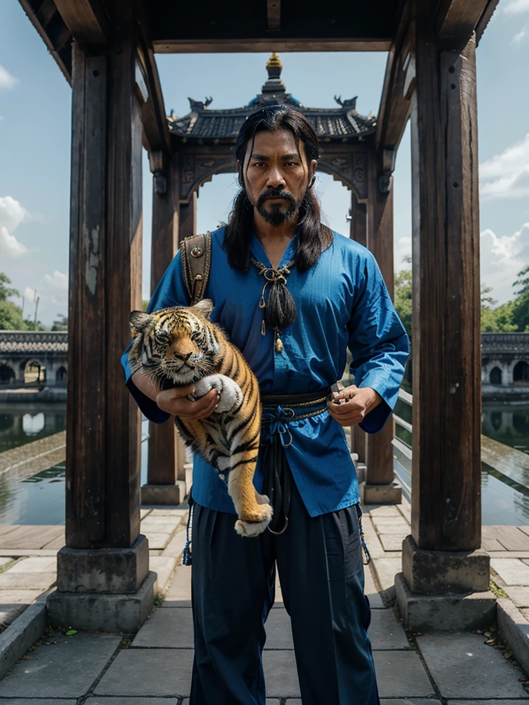 Futuristic Indonesian man aged 40 years, medium hair, wearing blue fantasy warrior robes, black drawstring trousers with yellow stripes, carrying a dead tiger, background of classic palace and old wooden bridge, realistic UHD 8K