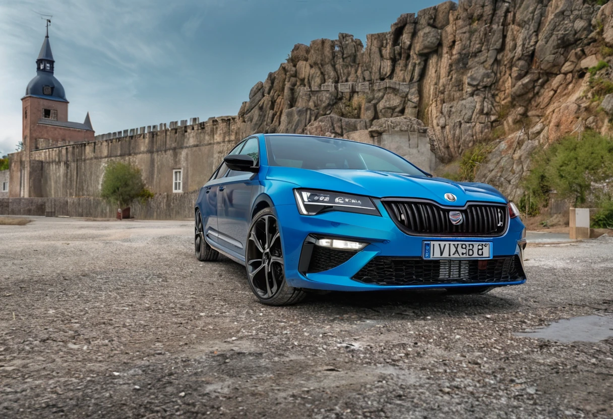 A Curacao blue Škoda Octavia RS IV sports car is parked on the road 66, its sleek design and pop-up headlight standing out against the gravel. The car's black roof and blue castle add a pop of color to the scene.