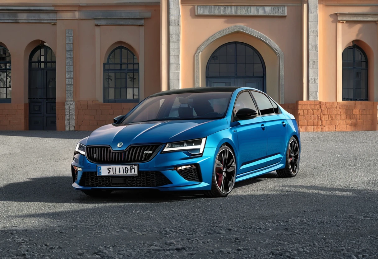 A Curacao blue Škoda Octavia RS IV sports car is parked on the road 66, its sleek design and pop-up headlight standing out against the gravel. The car's black roof and blue castle add a pop of color to the scene.