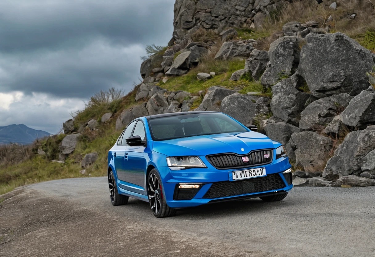A Curacao blue Škoda Octavia RS IV sports car is parked on the road 66, its sleek design and pop-up headlight standing out against the gravel. The car's black roof and blue castle add a pop of color to the scene.