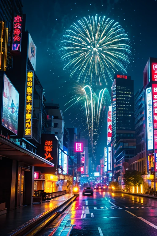 Highest quality、Landscape painting、firework、Neon lights in the city