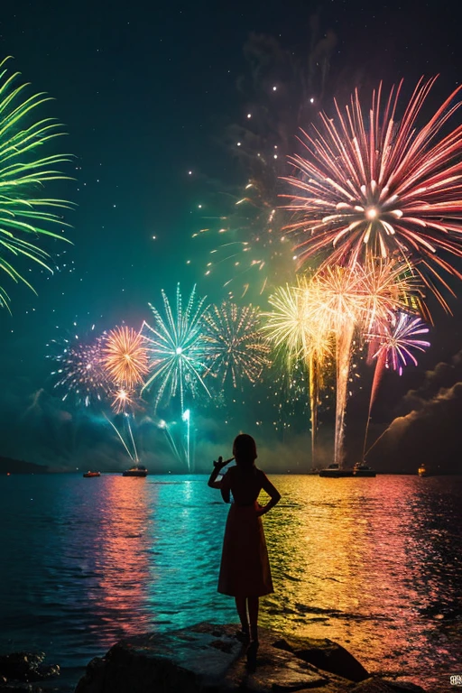 Highest quality、Landscape painting、firework、Neon lights in the city