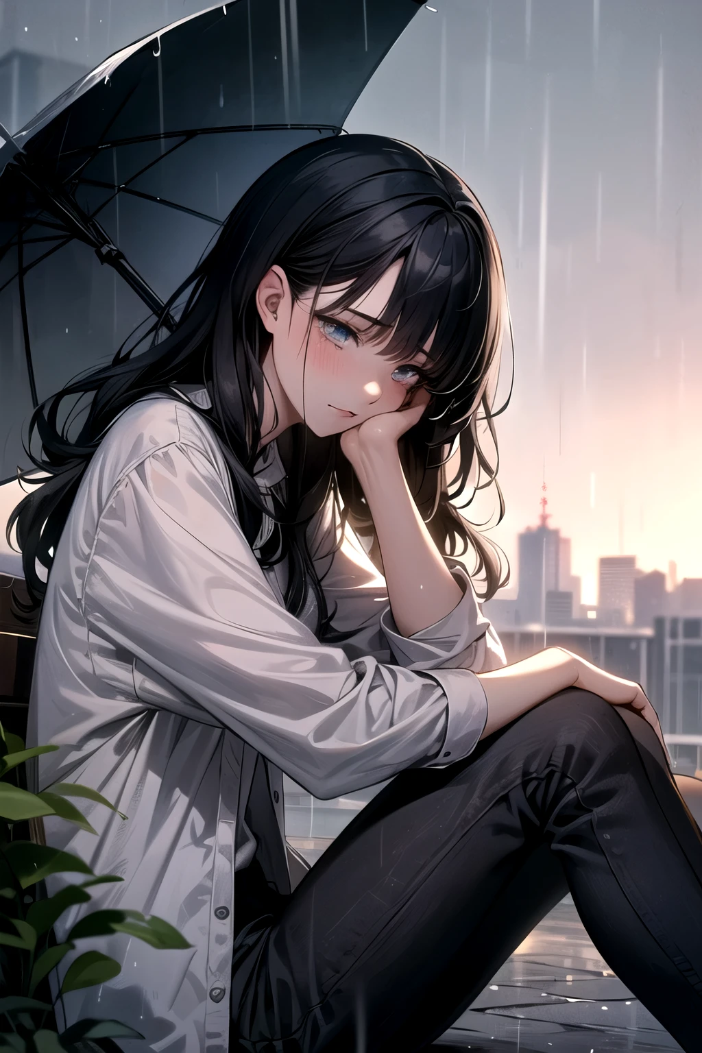 ((best quality)), ((masterpiece)), (detailed), 1girl, black hair. Sitting in the middle of rain. Saddest vibe. rainy. Crying. Looking at sky.