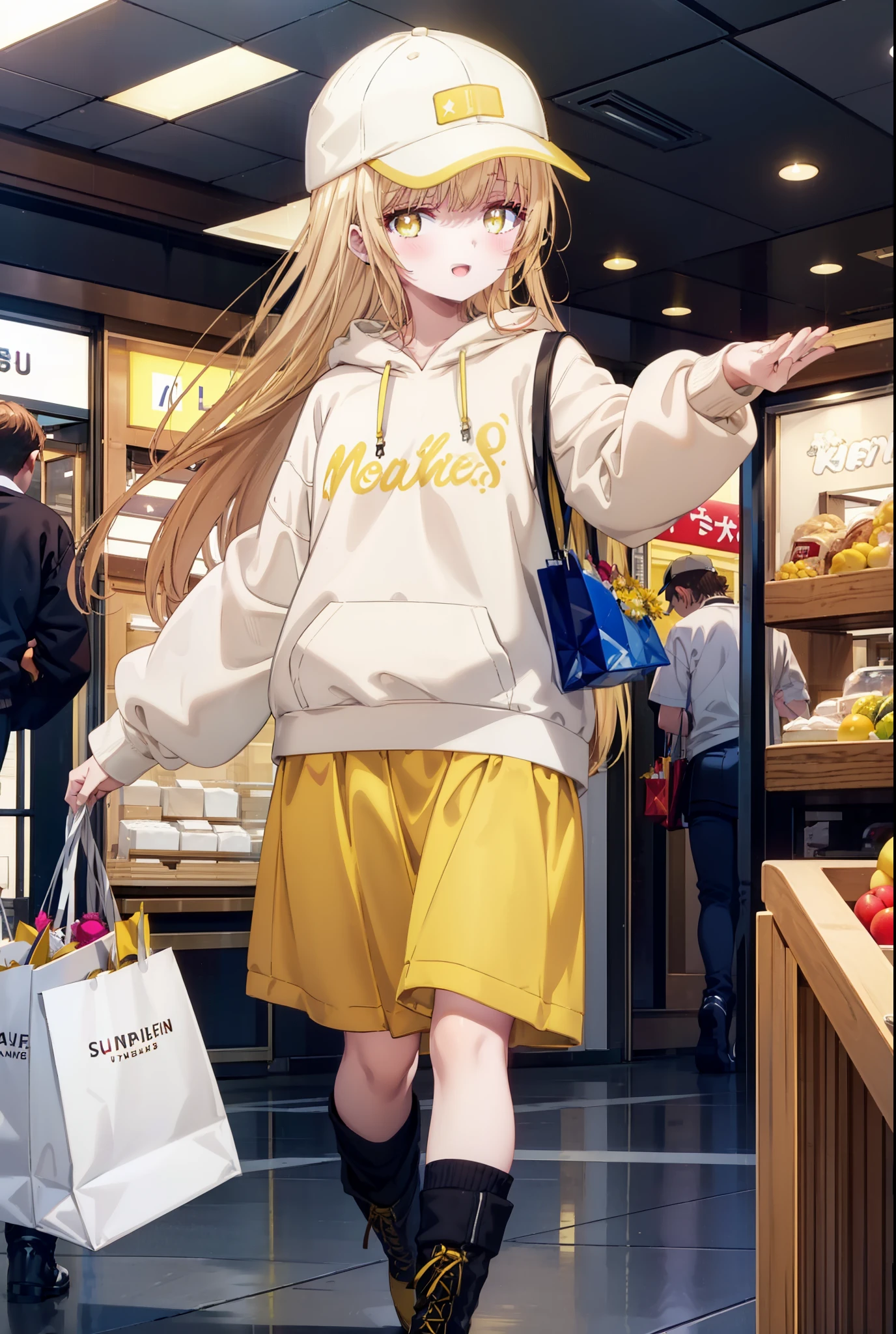 mahirushiina, Mahiru Shiina, bangs, Blonde, Brown Hair, (Yellow Eyes:1.3), happy smile, smile, Open your mouth,Open your mouth,Baseball cap,Oversized yellow hoodie,Short sleeve,mini skirt,black tights,short boots,Walking,Clear skies,Daytime,
break indoors,Shopping mall,
break looking at viewer, whole body,
break (masterpiece:1.2), Highest quality, High resolution, unity 8k wallpaper, (shape:0.8), (Fine and beautiful eyes:1.6), Highly detailed face, Perfect lighting, Highly detailed CG, (Perfect hands, Perfect Anatomy),