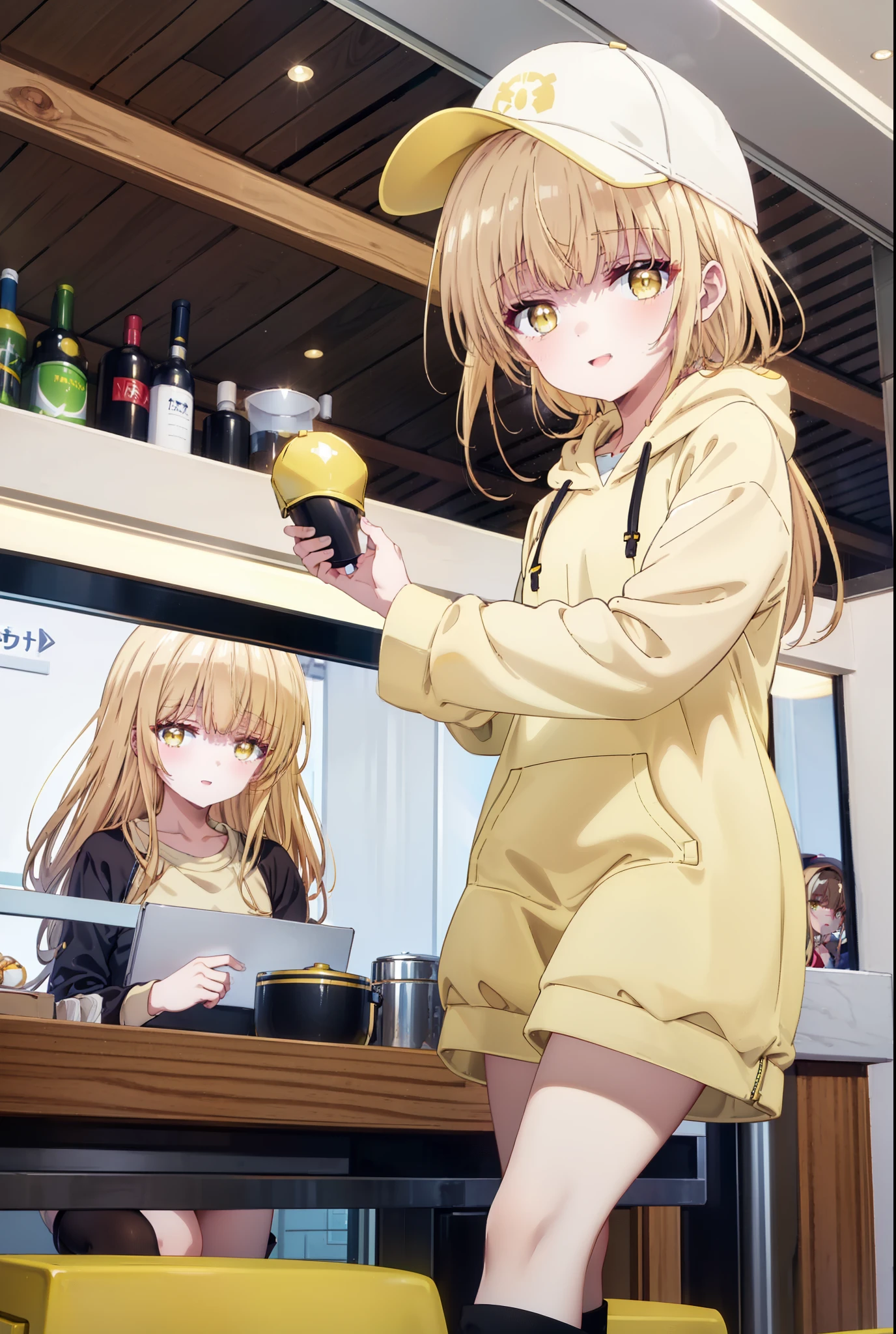 mahirushiina, Mahiru Shiina, bangs, Blonde, Brown Hair, (Yellow Eyes:1.3), happy smile, smile, Open your mouth,Open your mouth,Baseball cap,Oversized yellow hoodie,Short sleeve,mini skirt,black tights,short boots,Walking,Clear skies,Daytime,
break indoors,Shopping mall,
break looking at viewer, whole body,
break (masterpiece:1.2), Highest quality, High resolution, unity 8k wallpaper, (shape:0.8), (Fine and beautiful eyes:1.6), Highly detailed face, Perfect lighting, Highly detailed CG, (Perfect hands, Perfect Anatomy),