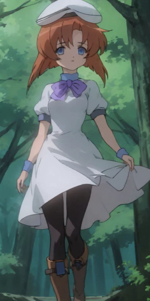 One girl,Beautiful views,(masterpiece、Highest quality),Short Hair,Orange Hair,Blue wristband,Purple ribbon,tights,boots,Short sleeve,White Dress、White Beret,Blue eyes、slit、in the forest、、