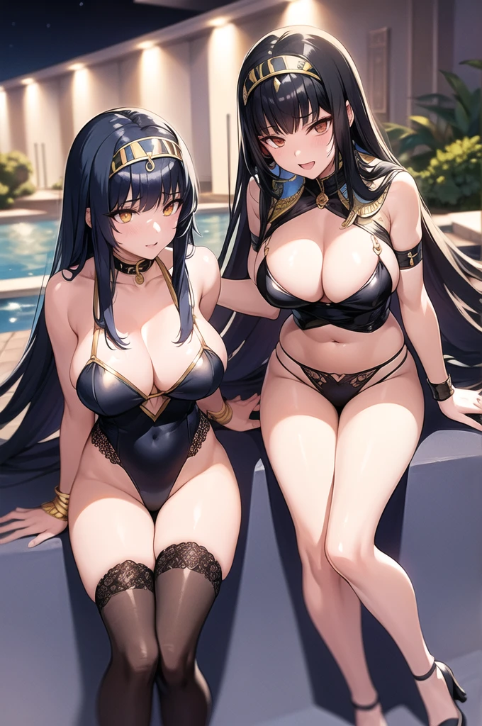 ((Anime illustration)),At the resort pool on a moonlit night,Beautiful night view,((Black-haired Cleopatra)),Beautiful black bikini,((Gorgeous big breasts shining)),Lace Top Stockings,Knee-high boots,garter belt,Long satin gloves,(Laughing with your fingers),Crossing your legs,Condescending look,Provocative pose,Sexy Body NSFW, 1 boy, A boy is rubbing a girl's chest from behind