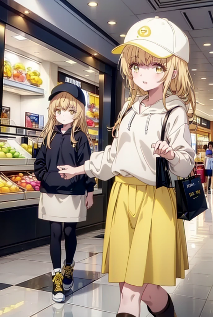 mahirushiina, Mahiru Shiina, bangs, Blonde, Brown Hair, (Yellow Eyes:1.3), happy smile, smile, Open your mouth,Open your mouth,Baseball cap,Oversized yellow hoodie,Short sleeve,mini skirt,black tights,short boots,Walking,Clear skies,Daytime,
break indoors,Shopping mall,
break looking at viewer, whole body,
break (masterpiece:1.2), Highest quality, High resolution, unity 8k wallpaper, (shape:0.8), (Fine and beautiful eyes:1.6), Highly detailed face, Perfect lighting, Highly detailed CG, (Perfect hands, Perfect Anatomy),