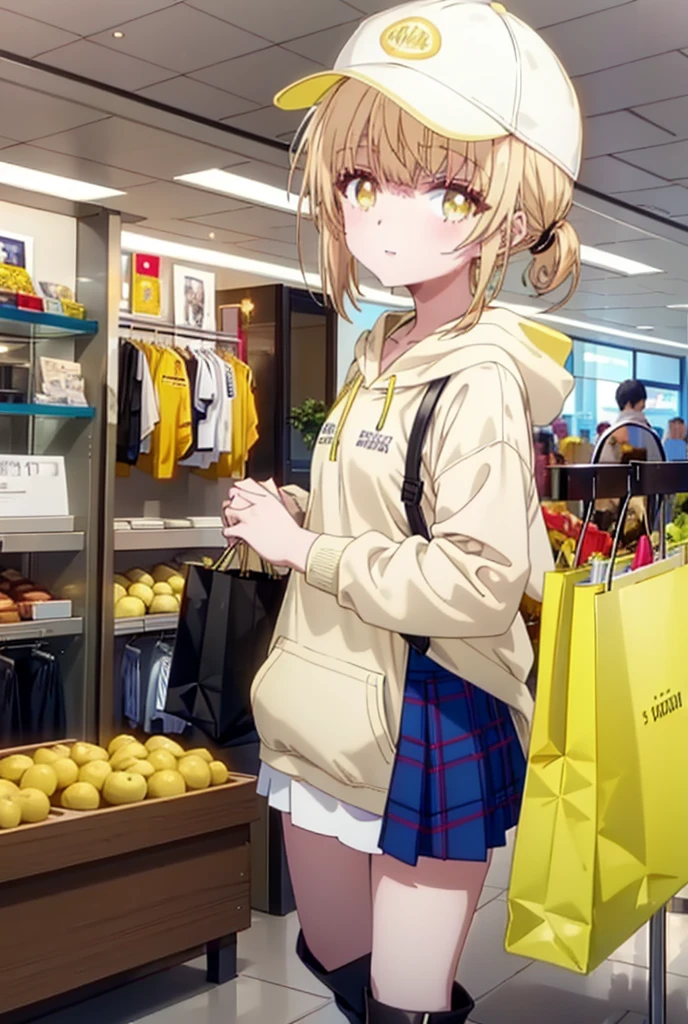 mahirushiina, Mahiru Shiina, bangs, Blonde, Brown Hair, (Yellow Eyes:1.3), happy smile, smile, Open your mouth,Open your mouth,Baseball cap,Oversized yellow hoodie,Short sleeve,mini skirt,black tights,short boots,Walking,Clear skies,Daytime,
break indoors,Shopping mall,
break looking at viewer, whole body,
break (masterpiece:1.2), Highest quality, High resolution, unity 8k wallpaper, (shape:0.8), (Fine and beautiful eyes:1.6), Highly detailed face, Perfect lighting, Highly detailed CG, (Perfect hands, Perfect Anatomy),