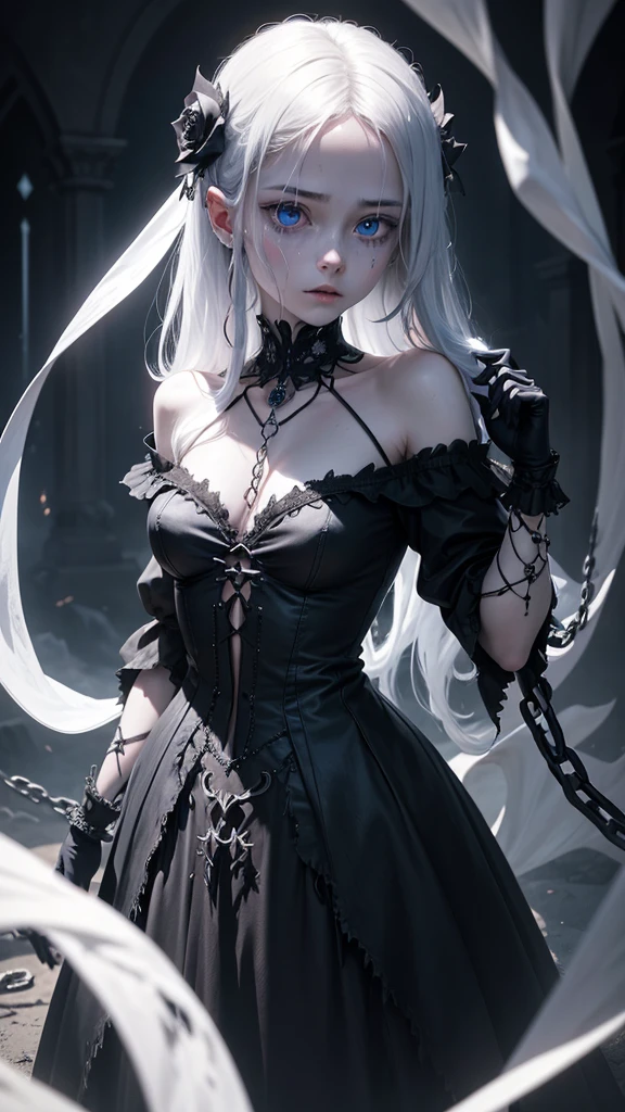 Generate an image of a close up a creature with a spectral and ghostly appearance. Her skin is pale, almost translucent. His eyes shine with a bluish glow, and he wears dark, torn clothes that float around him, as if permeated by an aura of mourning. Its appearance is complemented by details such as chains, symbols of mourning, and gothic elements, further emphasizing its dark air. It is portrayed as a haunted and tormented entity.