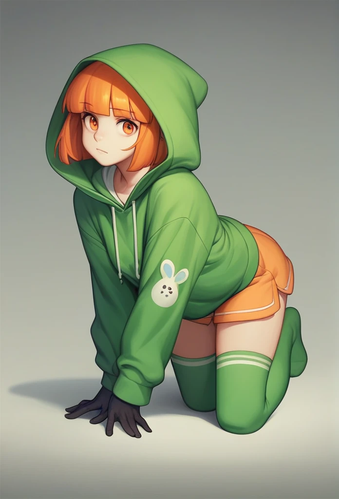 a drawing of a girl in a green hoodie and black gloves, [[[[grinning evily]]]], orange hair, orange eyes, green miniskirt, green stockings with black check, in a hoodie, green hood, by Kamagurka, chihiro! fujisaki, madeline from celeste, girl wearing hoodie, by Kanbun Master, in a hood, grinning lasciviously