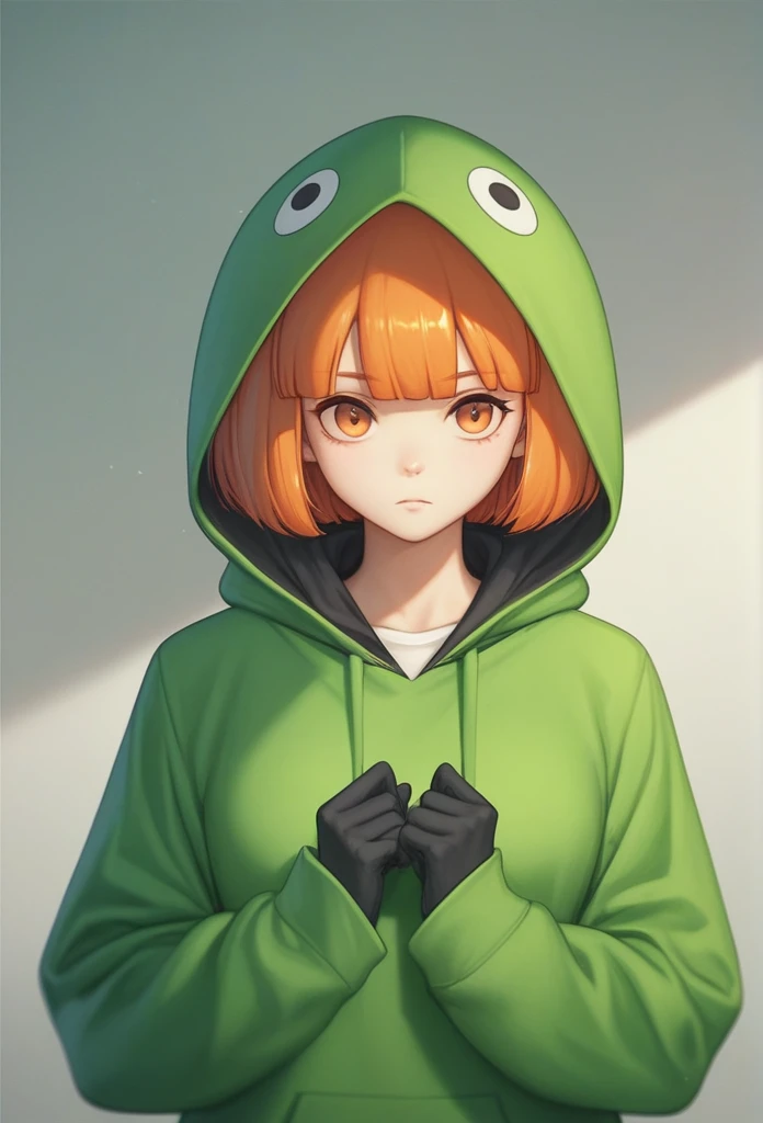 a drawing of a girl in a green hoodie and black gloves, [[[[grinning evily]]]], orange hair, orange eyes, green miniskirt, green stockings with black check, in a hoodie, green hood, by Kamagurka, chihiro! fujisaki, madeline from celeste, girl wearing hoodie, by Kanbun Master, in a hood, grinning lasciviously
