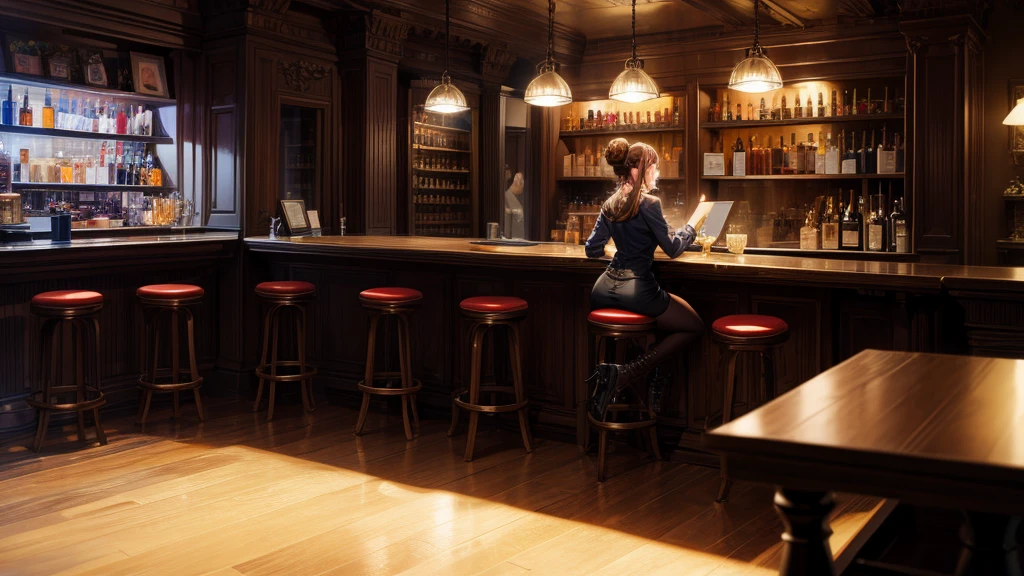 masterpiece, best quality, high quality, detailed, ultra detailed, hyper detailed, insanely detailed, exquisite, beautiful, FHD, Full-HD, 4K, 8K, 16K, highres, absurdres, bar, 1woman, interior photo, laughing, hair bun, brown hair, brown eyes, pale skin, beauty mark, in the bar, with a table, at night, chill atmosphere,full body