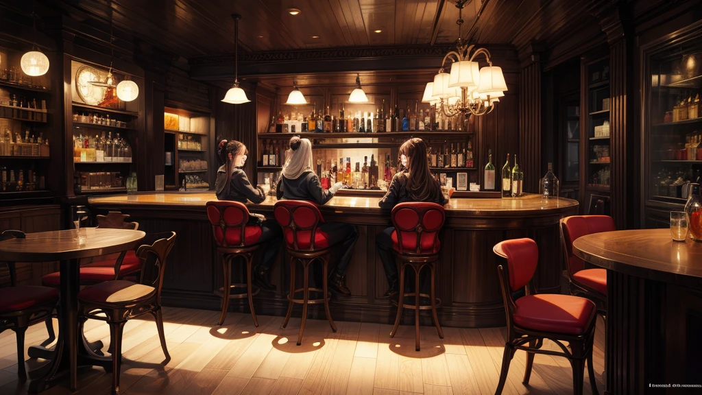 masterpiece, best quality, high quality, detailed, ultra detailed, hyper detailed, insanely detailed, exquisite, beautiful, FHD, Full-HD, 4K, 8K, 16K, highres, absurdres, bar, 1woman, interior photo, laughing, hair bun, brown hair, brown eyes, pale skin, beauty mark, in the bar, with a table, at night, chill atmosphere,full body