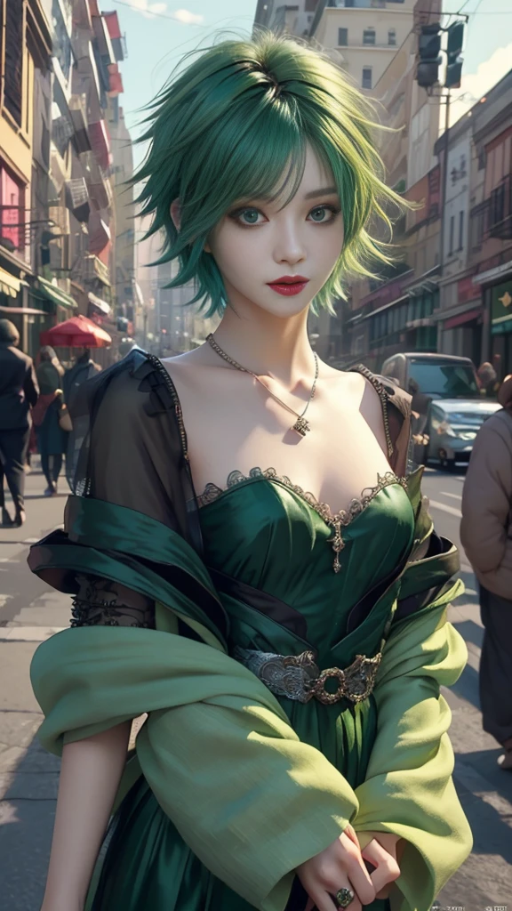 masterpiece, top-quality, ((1womanl)), different green color, finely eye and detailed face, intricate detailes, Casual black and green attire, window, A smile, Happiness, tenderness, high-level image quality、selfee, Beautuful Women、tall、a small face, D-cups, The upper part of the body、nightfall, nighttime scene、𝓡𝓸𝓶𝓪𝓷𝓽𝓲𝓬、Korea person, Idol Photos, Model photo, k pop, Professional Photos, Vampires, Korean fashion in black and green, Fedoman with necklace, inspired by Sim Sa-jeong, androgynous vampire, :9 detailed face: 8, extra detailed face, detailed punk hair, ((eyes are deialed)) baggy eyes, Seductive. Highly detailed, semi realistic anime, Vampires, hyperrealistic teen, Delicate androgynous princess, imvu, ((short hair woman)), green hair woman with wild look, ((Woman with short green hair)), ((1 persons)),