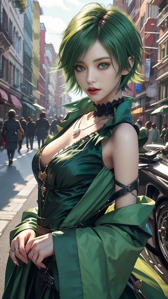 masterpiece, top-quality, ((1womanl)), different green color, finely eye and detailed face, intricate detailes, Casual black and green attire, window, A smile, Happiness, tenderness, high-level image quality、selfee, Beautuful Women、tall、a small face, D-cups, The upper part of the body、nightfall, nighttime scene、𝓡𝓸𝓶𝓪𝓷𝓽𝓲𝓬、Korea person, Idol Photos, Model photo, k pop, Professional Photos, Vampires, Korean fashion in black and green, Fedoman with necklace, inspired by Sim Sa-jeong, androgynous vampire, :9 detailed face: 8, extra detailed face, detailed punk hair, ((eyes are deialed)) baggy eyes, Seductive. Highly detailed, semi realistic anime, Vampires, hyperrealistic , Delicate androgynous princess, imvu, ((short hair woman)), green hair woman with wild look, ((Woman with short green hair)), ((1 persons)),