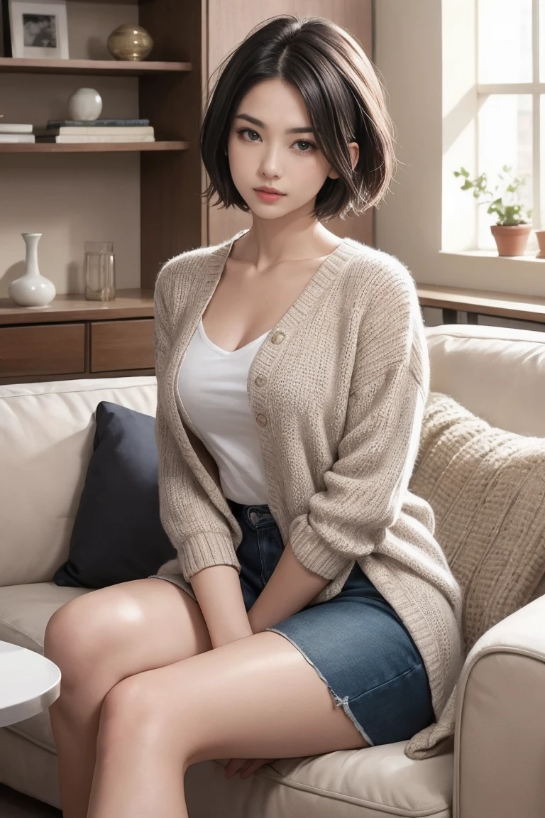 Handsome woman with short hair ,living room