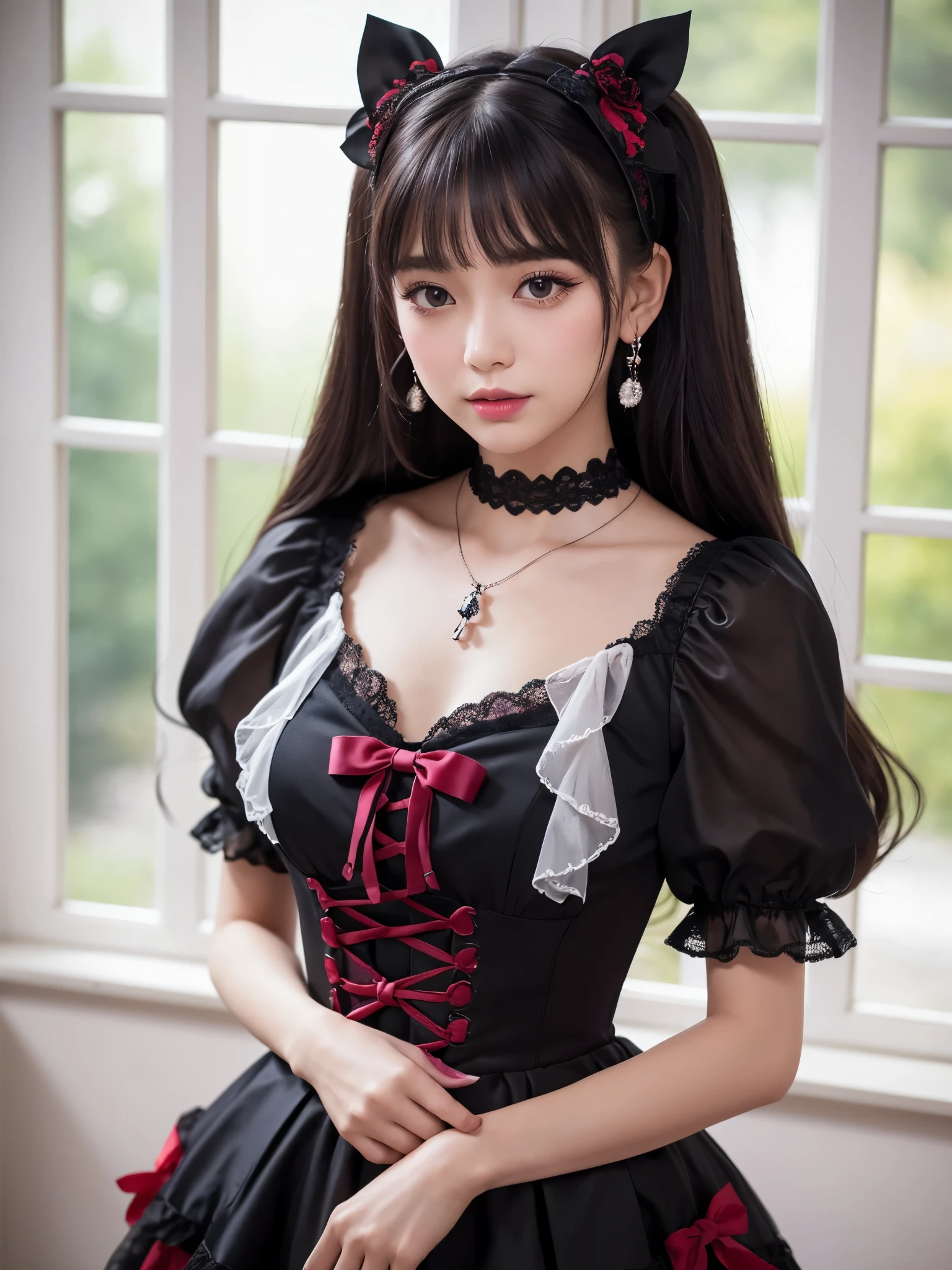 Create a highly detailed portrait of a young woman dressed in a Gothic ta outfit. She has long, straight, dark purple hair with bangs, and her hair is adorned with a red and black lace headband featuring a large red bow on the side. Her eyes are large and expressive, with violet irises, and she has delicate makeup with pink blush and subtle eye shadow. She wears intricate accessories, including ruby-red drop earrings and a black lace choker with a red bow. She also has a pearl necklace with a purple gemstone pendant. Her outfit consists of a black and white dress with ruffled sleeves, a fitted bodice with lace-up details, and a large black bow on the front. The background is softly lit by natural light coming through a window, creating a warm and inviting atmosphere. The lighting highlights the texture of her outfit and the shine of her hair. The image should capture the elegant and delicate nature of her appearance, emphasizing her poised and graceful demeanor.