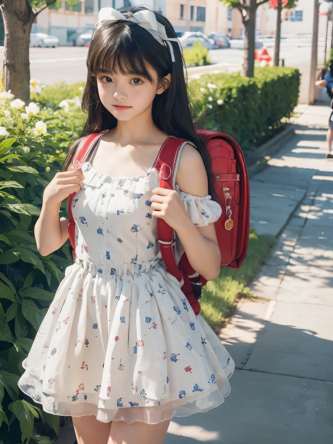 Masterpiece, hd, realistic, high school girl,,innocent face,teenage girl,cute,summer clothes, flower dress,everyday wear, standing, outdoor,flower garden,black hair,ribbon, wearing school backpack, (backpack:1.2)