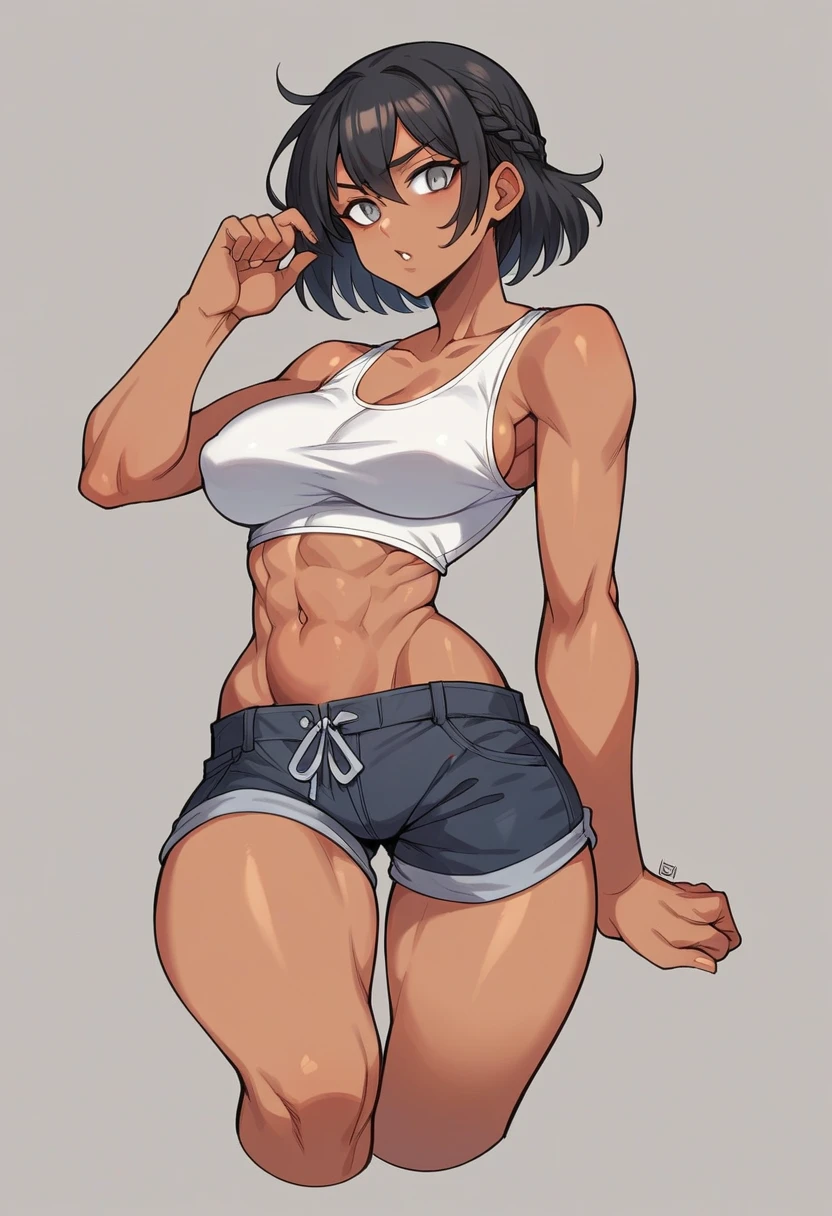 (girl,Black Hair,darkskin,Short crown braid hair,Grey Eyes,Large Chest,Wide ass,Abdominal muscles)Tank top,Shorts