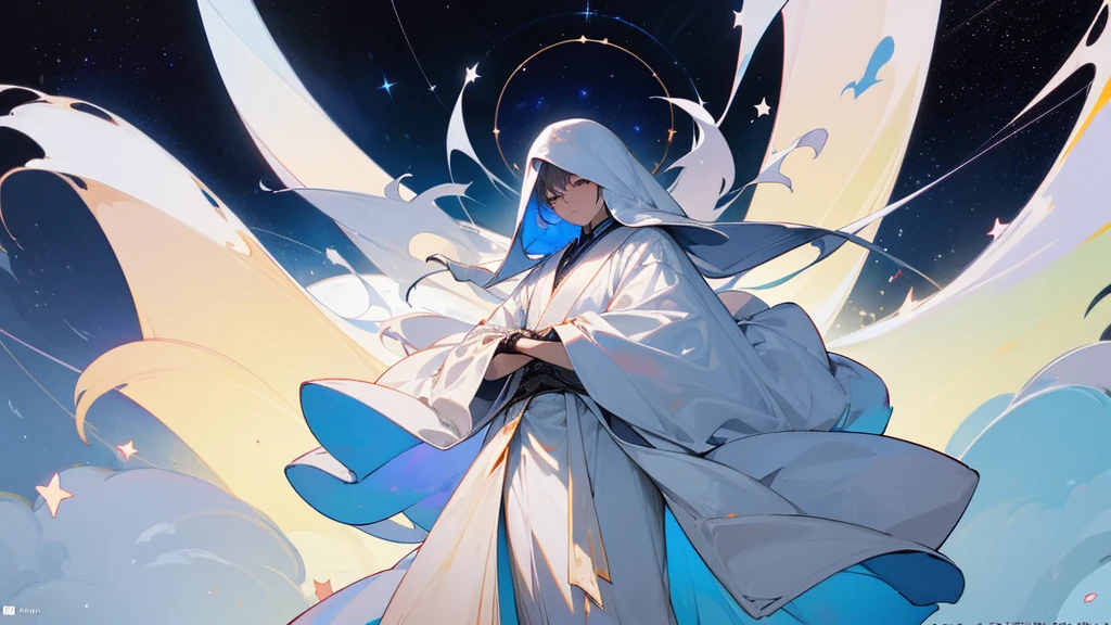 A mysterious figure in a white robe standing at the center of the world, surrounded by countless stars and cosmic nebulae, extending his hands as if creating and shaping the entire world, ,in the style of the stars art group xing xing, 32k, best quality, masterpiece, super detail, high details,