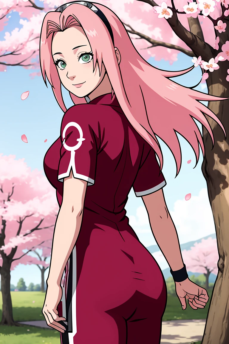Masterpiece, Best quality at best, 1girll, sakura haruno, medium breasts, smile,With pink hair, Long hair waiter, (Green eyeballs:1.4), Front protection, Cherry trees,Cherry blossoms flying,red cleft thigh dress, Tight cropped trousers , Uniform body, tight pants, from back, ass focus, Lifting skirt, big belly