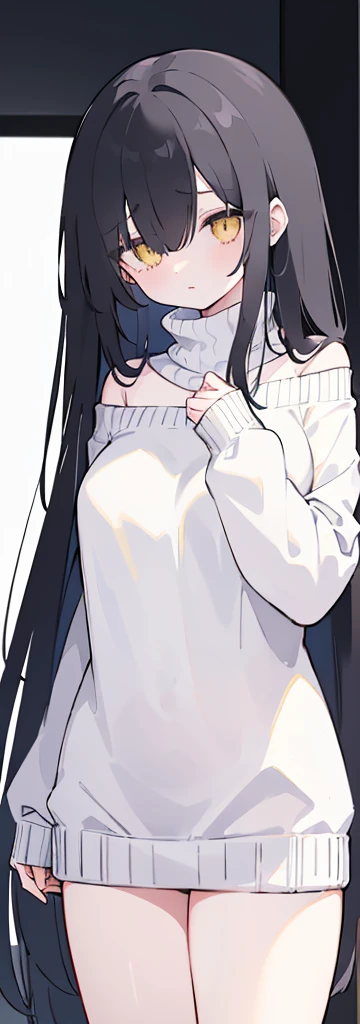 (((Long black Beautiful Hair))),blacks hair,kawai,(((Eyes visible from bangs,hair over eyes:1.3))),,Huge breasts,(Yellow color eyes),,(yellw slanted eyes),1girl in,bangs,longs black hair, (white background) (using dark red sweaters, sweater models, off-the-shoulder sweaters), ((Don't wear any pants because the bottom fabric of the sweater is long from the sides to the middle of the thigh)) the curve of her thighs is visible, ((long straight hair)),((The pose of the right hand above the chest, the pose of the left hand hanging down the fingers must be perfect)) (long sweater sleeve covers the back of the hand) image as per tag, Standing body position facing the left side, Bare thighs