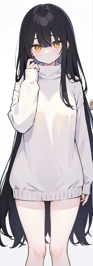 (((Long black Beautiful Hair))),blacks hair,kawai,(((Eyes visible from bangs,hair over eyes:1.3))),,Huge breasts,(Yellow color eyes),,(yellw slanted eyes),1girl in,bangs,longs black hair, (white background) (using dark red sweaters, sweater models, off-the-shoulder sweaters), ((Don't wear any pants because the bottom fabric of the sweater is long from the sides to the middle of the thigh)) the curve of her thighs is visible, ((long straight hair)),((The pose of the right hand above the chest, the pose of the left hand hanging down the fingers must be perfect)) (long sweater sleeve covers the back of the hand) image as per tag, Standing body position facing the left side, Bare thighs