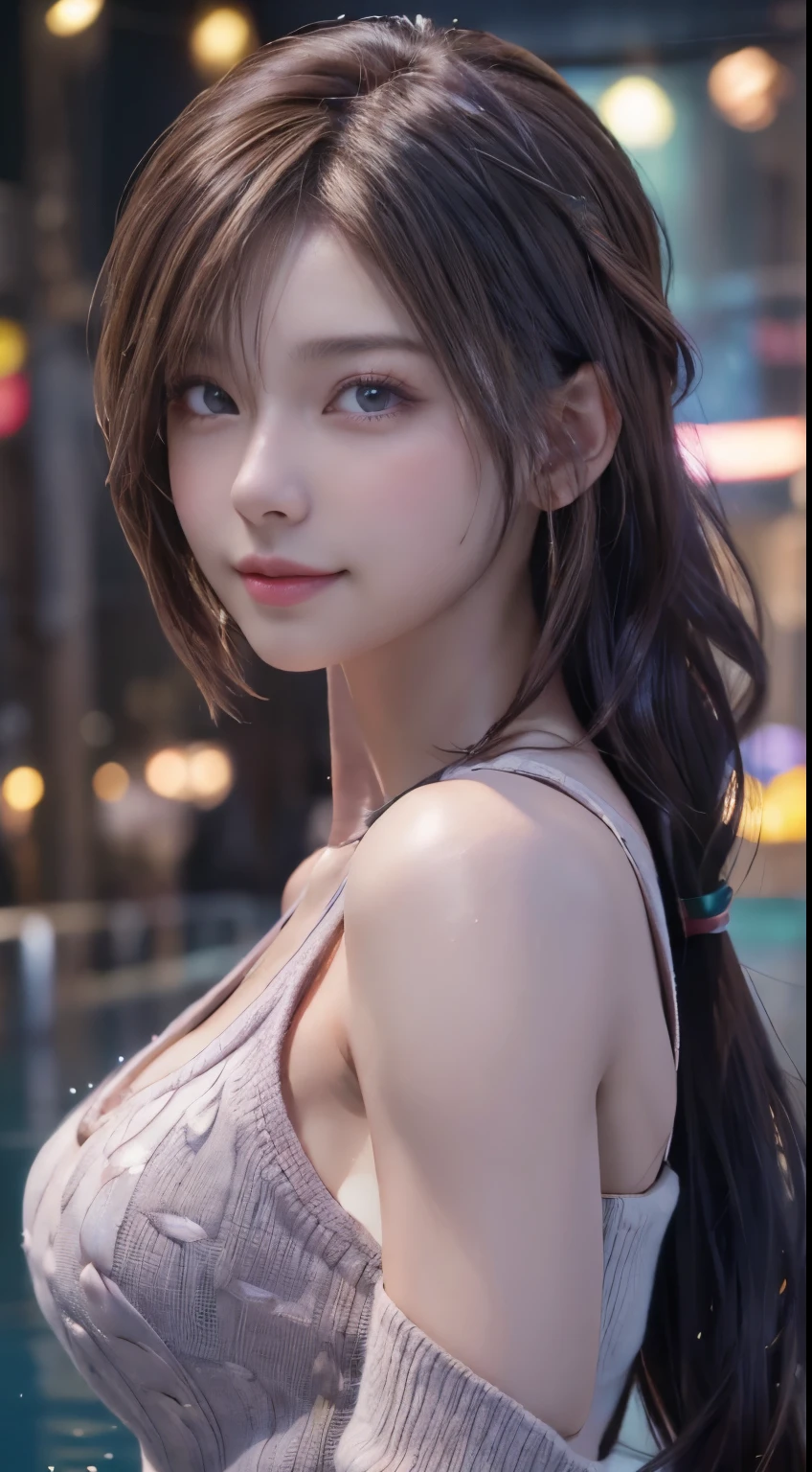 (logo, masterpiece, 8K, Tabletop, RAW Photos, wonderful, 最high quality, Photorealistic and very detailed CG composite 8k wallpaper, high quality, Very detailed, Narrative poem, Particle Effects, Dynamic Effects, Depth of the Boundary, Cinematic Light, Lens flare, Ray Tracing), short hair beautiful young woman, Hair tied back, high detail skin, very fine, fine skin texture, beautiful face, realistic eyes, beautifully detailed eyes, realistic skin, beautiful skin, surreal, smiling eyes, Hair and light eyes, Vibrant, Colorful lights and bokeh. The lighting casts a warm glow on her face and hair, Blue glow, Water surface reflection, Creates a dreamy and magical atmosphere, Big Breasts, Brown Hair, short hair, plump lower lip, pink blush on the cheeks , pink lips, brown tight no-shoulder knit sweater