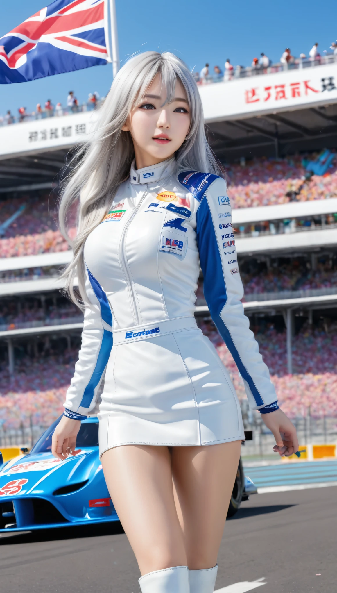 Highest quality, Super quality, 16K, Incredibly absurd, Very detailed, 2.5D, delicate and dynamic, blue sky, Confetti, Racing Car, Flag, Small face, Extremely delicate facial expression, Delicate eye depiction, Extremely detailed hair, Upper body close-up, erotic, sole sexy Japanes lady, healthy shaped body, 22 years old lady, Race Queen,  huge firm bouncing busts, white silver long hair, sexy long legs, Glowing Skin, , 派手なRace Queenのコスチューム, blue tight skirt, white leather long boots, Formula 1, Auto Racing Track