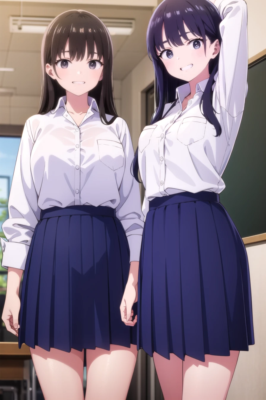 annayamada, anna yamada, long hair, bangs, black hair, (brown eyes:1.5), smile, grin,
BREAK skirt, shirt, , white shirt, pleated skirt, collared shirt, sweatdrop, blue skirt, pocket, shirt tucked in, breast pocket,
BREAK indoors, classroom,
BREAK looking at viewer, (cowboy shot:1.5),
BREAK (masterpiece:1.2), best quality, high resolution, unity 8k wallpaper, (illustration:0.8), (beautiful detailed eyes:1.6), extremely detailed face, perfect lighting, extremely detailed CG, (perfect hands, perfect anatomy), Wearing a dog collar, Naughty tattoo on the belly