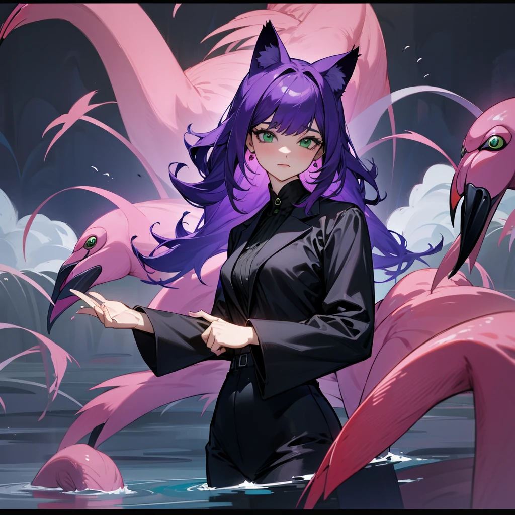 woman in a black pantsuit stands in the water surronded by ((flamingos)), long purple hair, green eyes, cat ears, high image quality, detailed face 