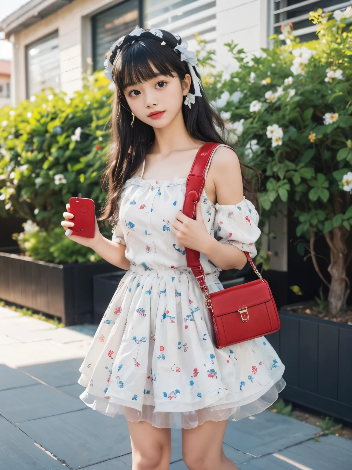 Masterpiece, hd, realistic, high school girl,************,innocent face,teenage girl,cute,summer clothes, flower dress,everyday wear, standing, outdoor,flower garden,black hair,ribbon, holding red purses,hand bag , (purses:1.2), holding phone