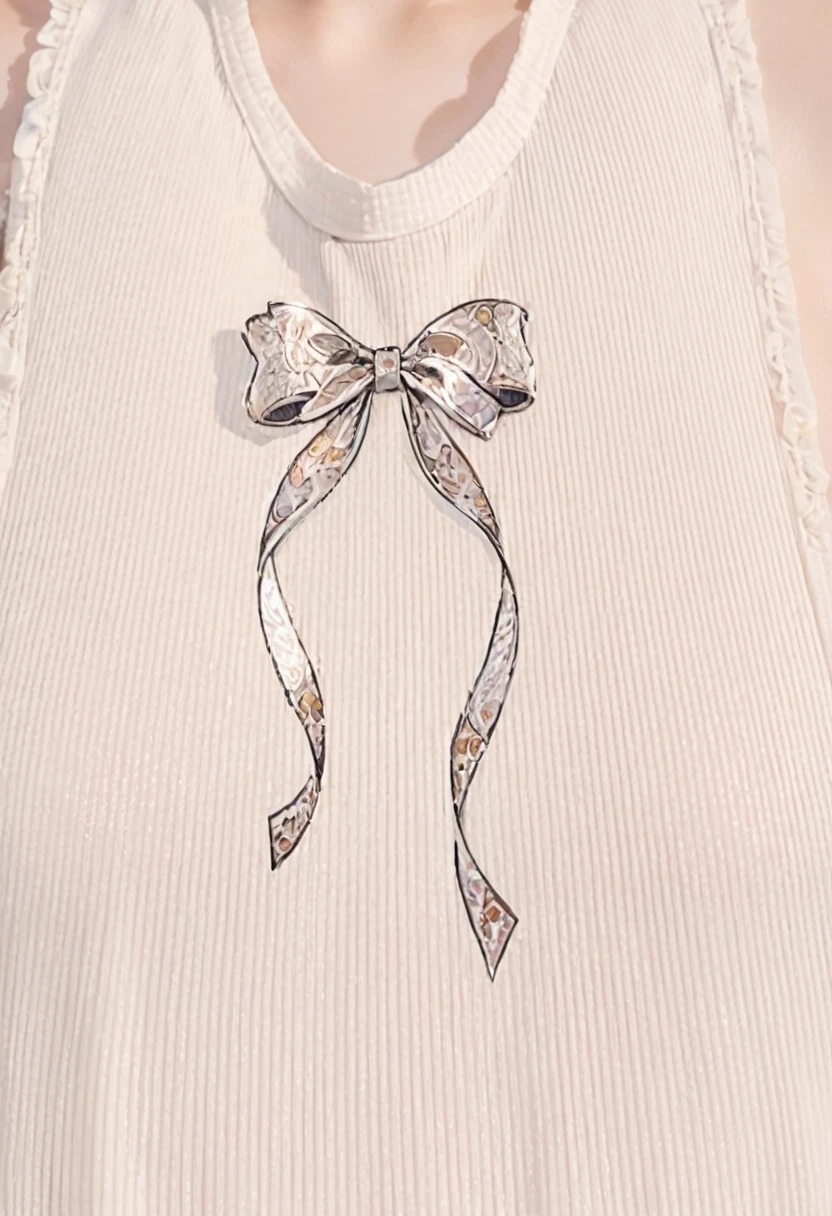 a close up of a woman wearing a white shirt with a bow on it, ornamental bow, Bow, Ripples in the chest, Curves and arches, Upper body close-up, Upper body close-up, ribbon, Tied shirt, Thick Bow, Delicate decoration, white! Tank top with print, Neckline, Smooth down to the finest details, Halter top