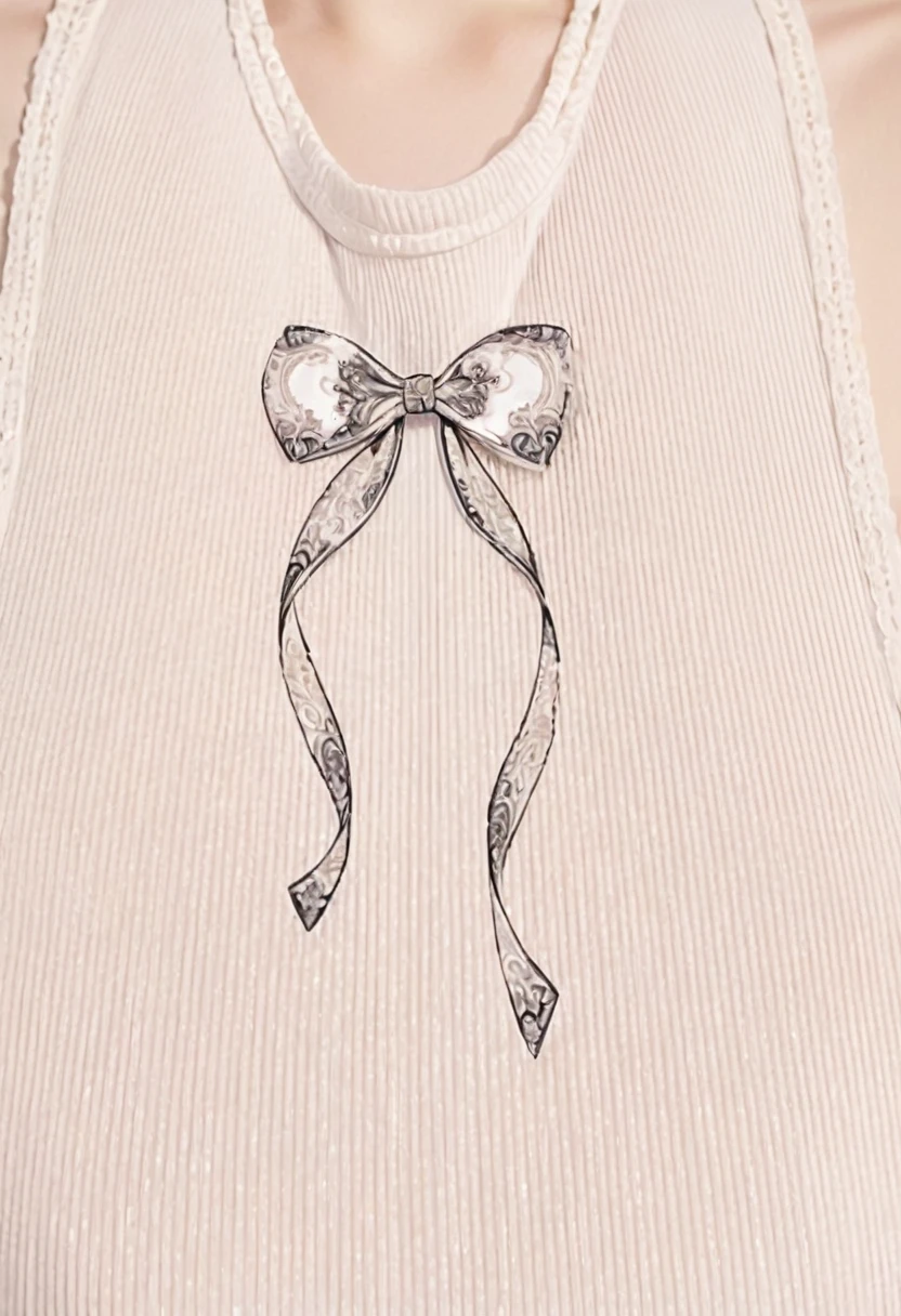 a close up of a woman wearing a white shirt with a bow on it, ornamental bow, Bow, Ripples in the chest, Curves and arches, Upper body close-up, Upper body close-up, ribbon, Tied shirt, Thick Bow, Delicate decoration, white! Tank top with print, Neckline, Smooth down to the finest details, Halter top