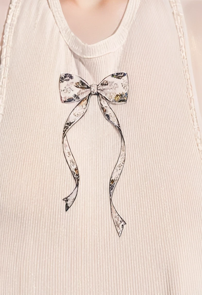 a close up of a woman wearing a white shirt with a bow on it, ornamental bow, Bow, Ripples in the chest, Curves and arches, Upper body close-up, Upper body close-up, ribbon, Tied shirt, Thick Bow, Delicate decoration, white! Tank top with print, Neckline, Smooth down to the finest details, Halter top