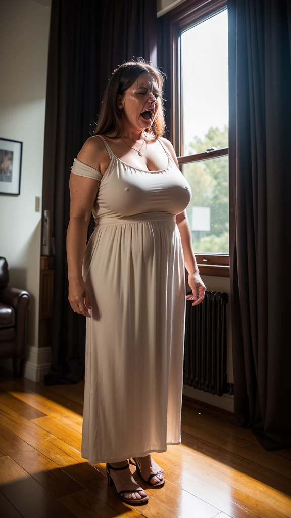 RAW photography, shadows, cinematic lighting, realistic reflections, and highly detailed, fat woman, 60 years old next to a window, wide hips, (((crying))), tears, giant breasts, short white summer dress, standing