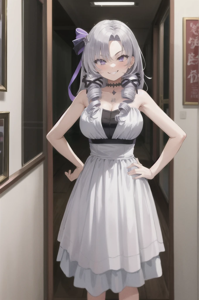 全nakedで,masterpiece,Highest quality,Very detailed,Super detailed,Very detailed,Beautiful Eyes,(Beautiful Hair:Silver Hair 1.5),Beautiful Face,Beautiful Skin,Perfect Anatomy,High resolution,超High resolution,Large Breasts,Drill Hair,Parted bangs,ribbon,Purple eyes,naked,naked,Shaved pussy,pussy,((Smug face)),Hands on hips,city,Throw out your chest,indoor,(((Fascinating_smile))),(Tilt_return:0.8),
